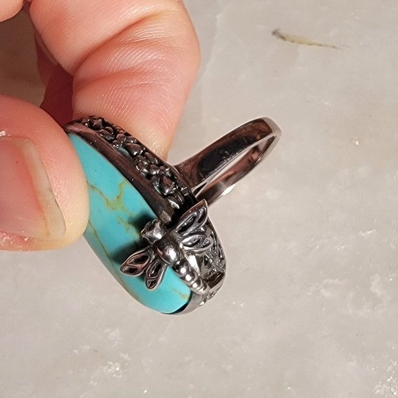 Sterling Silver and Turqouise Ring with Dragonfly Design, Size 7.5 - Picture 4 of 10